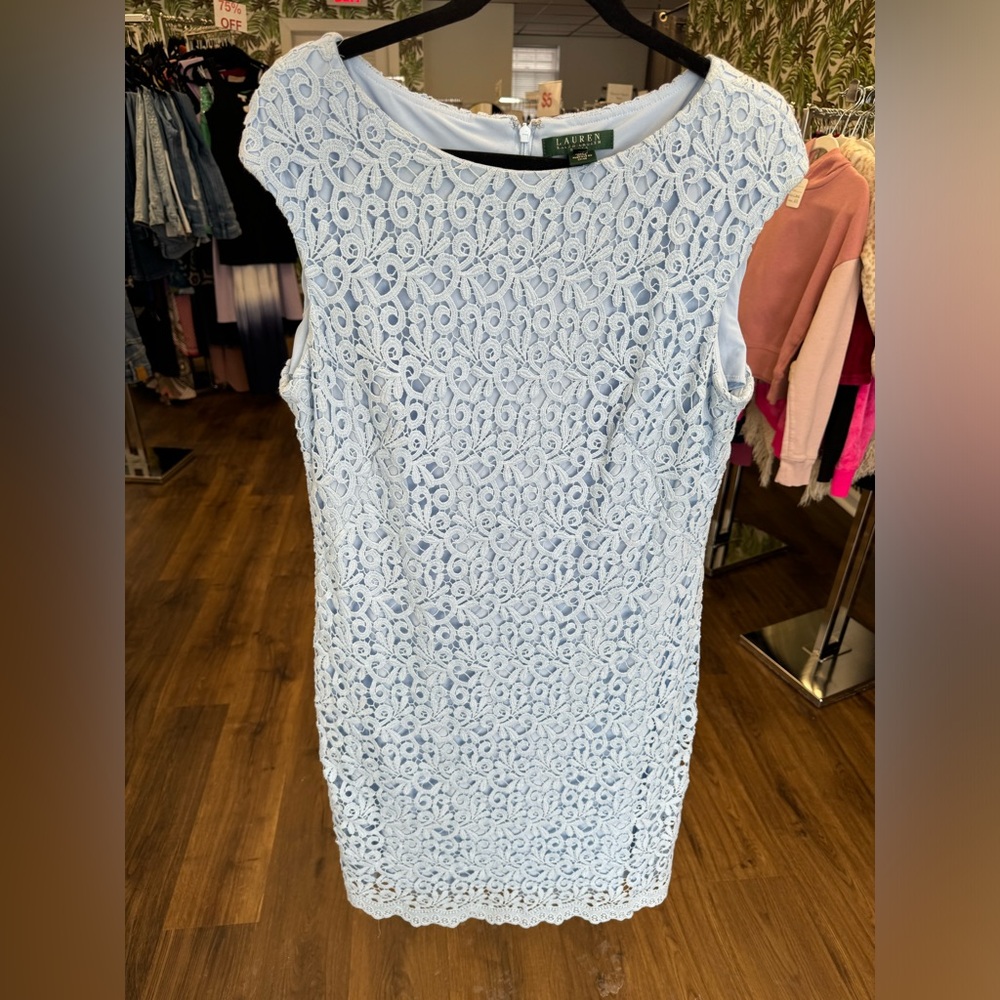 Lauren Ralph Lauren Sleeveless Midi Dress Light Blue Eyelet Lace Size 16